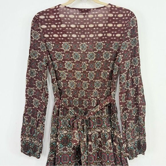 Patrons of Peace Brown Burgundy Medallion Floral Autumn Boho Mini Wrap Dress NEW - Picture 7 of 16